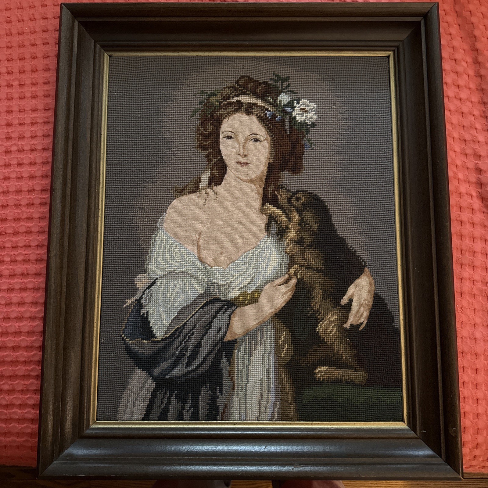 Elegant Beautiful Lady with Lovely Puppy Preworked Needlepoint Canvas