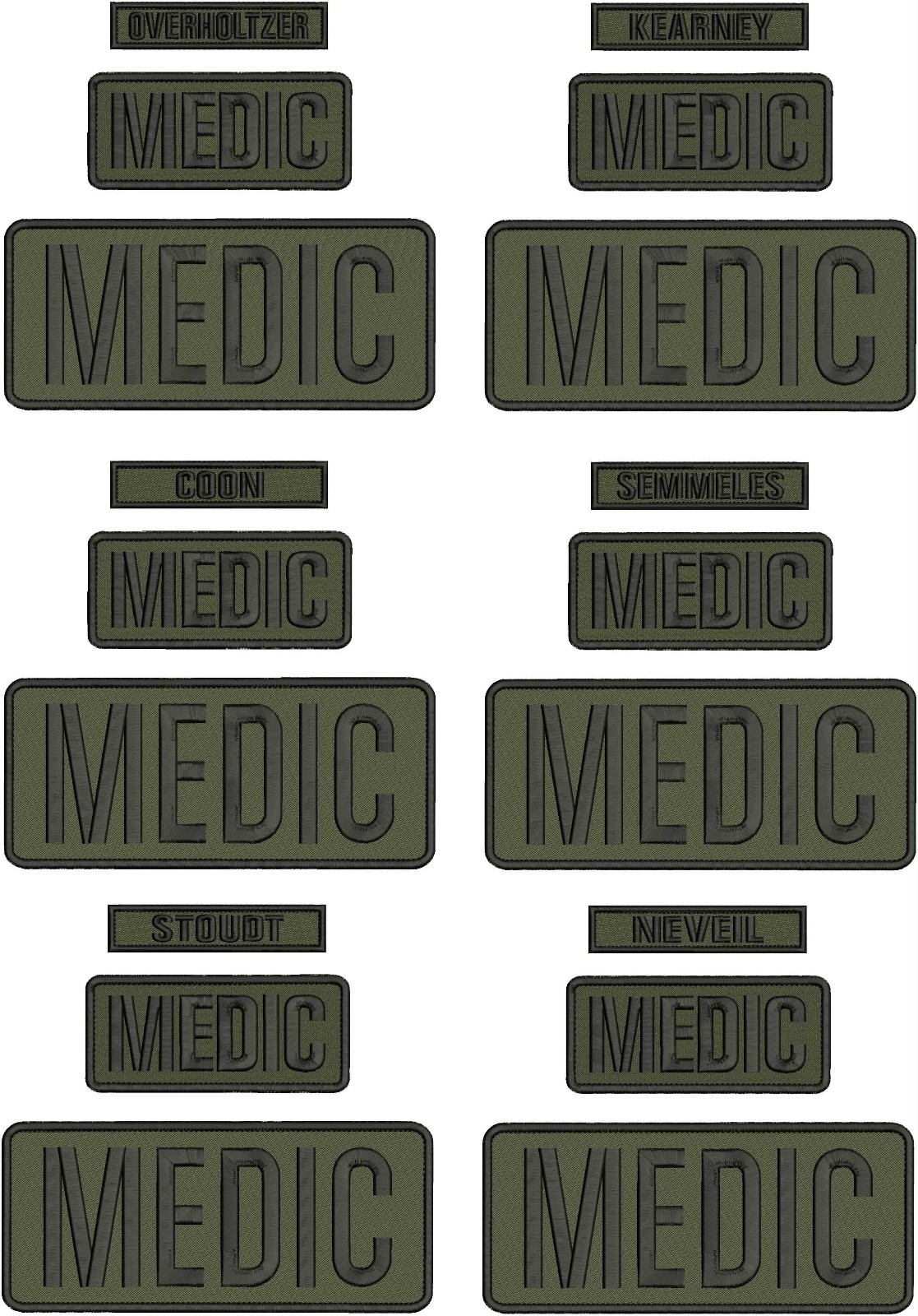 Medic 18 EMBROIDERY PATCHES 4X10  1x5 AND 2X5 HOOK ON BACK RANGER GREEN/BLK