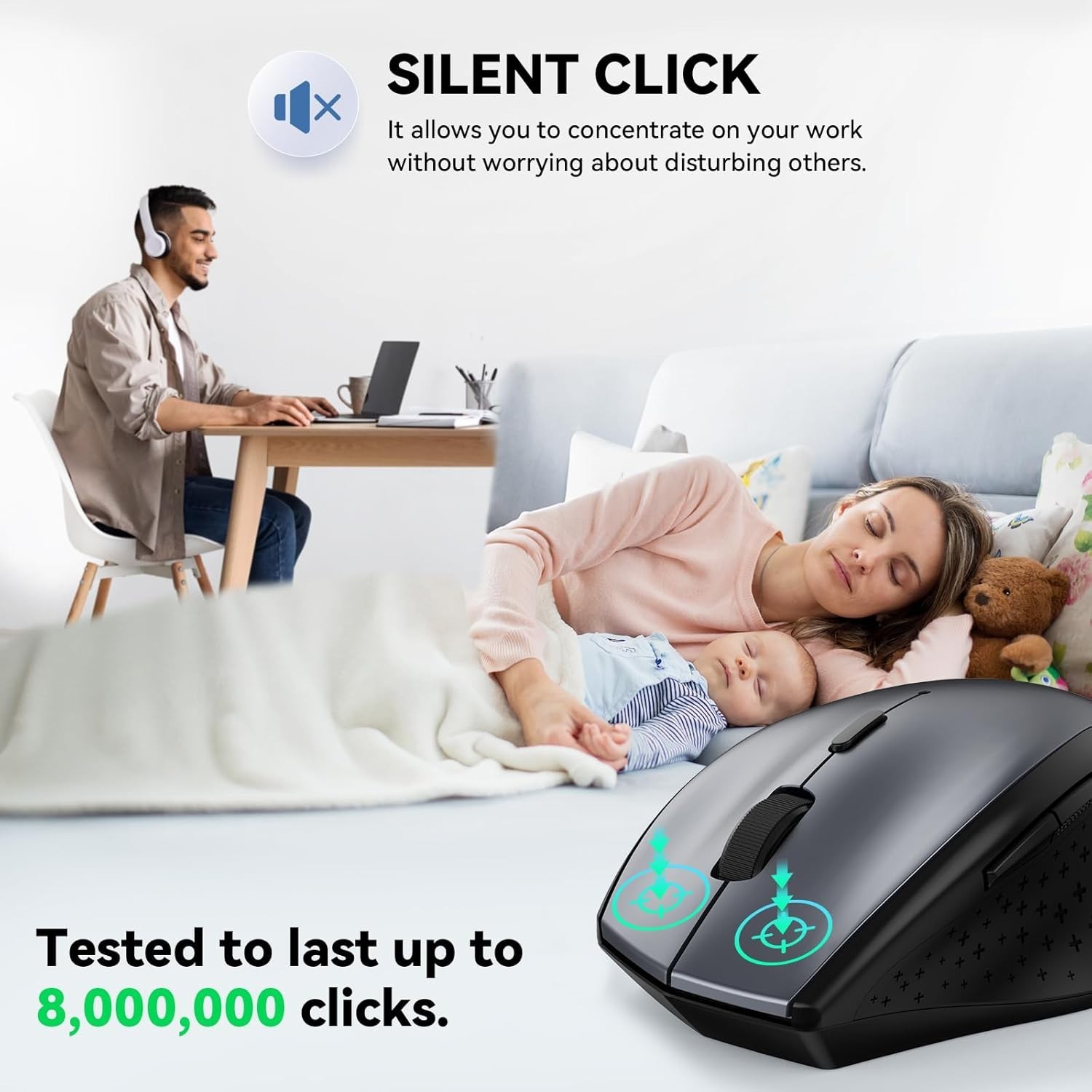 TECKNET Wireless Mouse, 2.4Ghz USB 4800DPI Silent Click Ergonimic gray