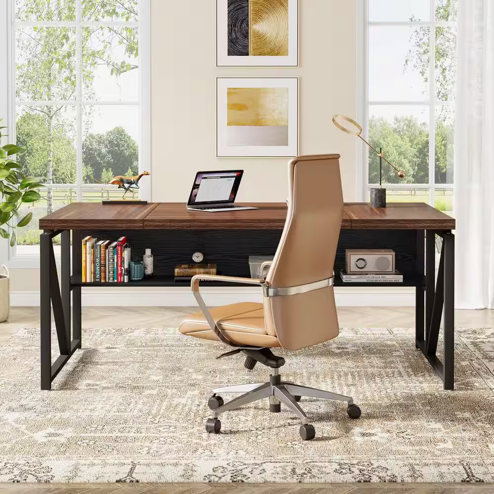 Moronia 62.9 In. Rectangular Deep Brown and Black Engineered Wood Computer Desk