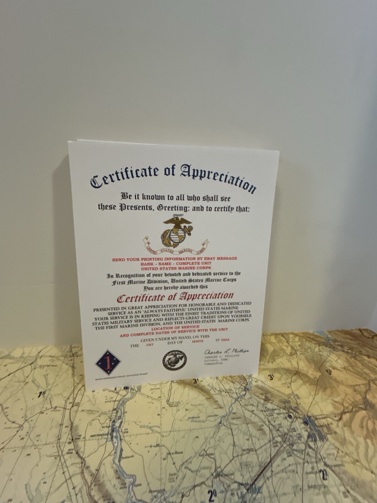 U.S. MARINE CORPS / 1ST MARINE DIVISION - CERTIFICATE OF APPRECIATION