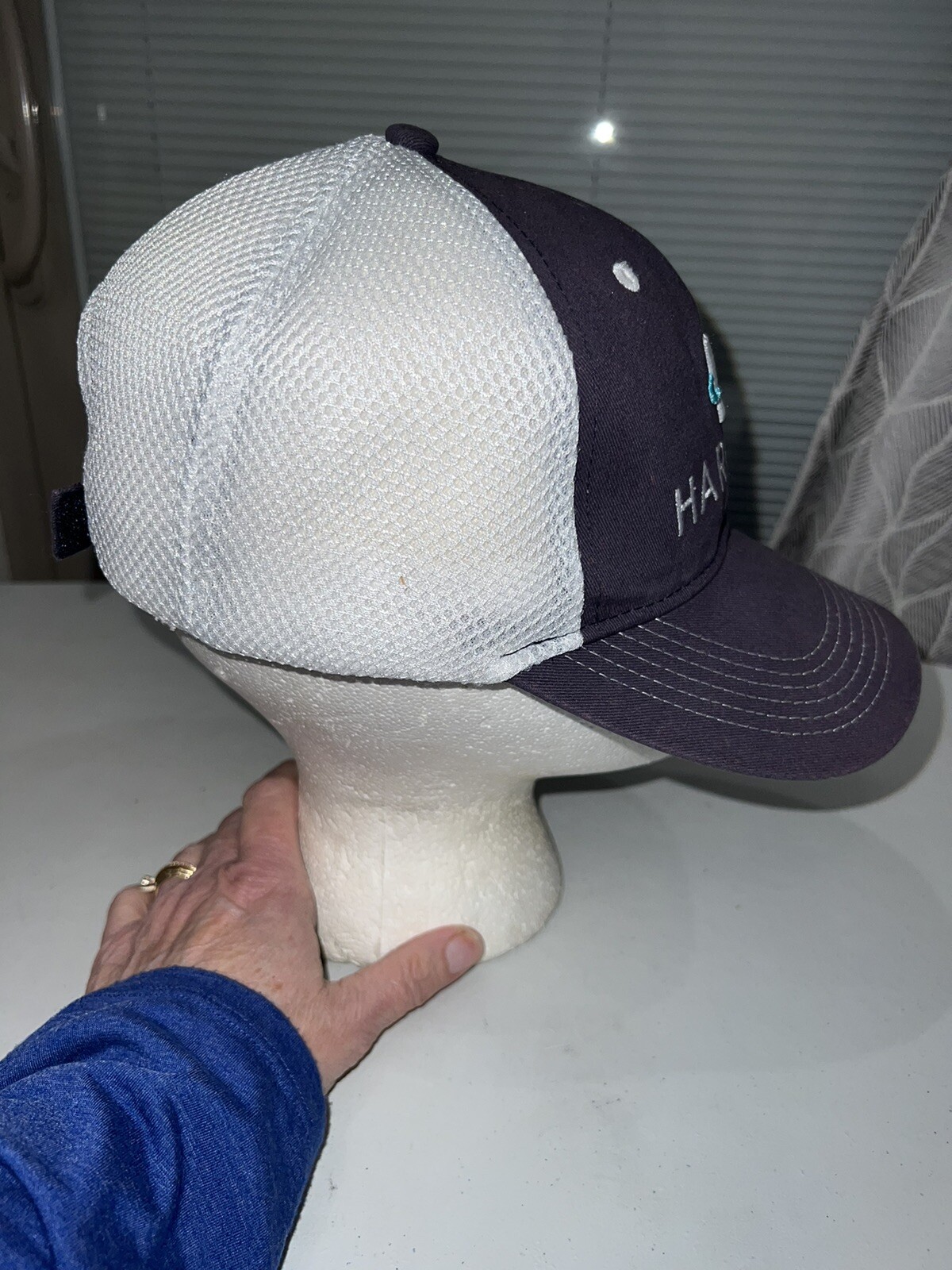 Harcros w Teal Logo Embroidered Dark Gray/White Mesh Trucker Hat Cap Hook Loop
