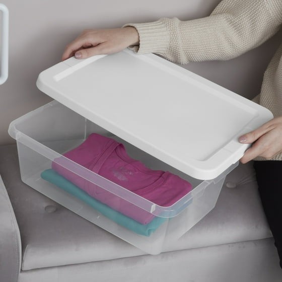 (4) 12 Quart Storage Boxes, Clear Plastic Storage Bin with Snap-On Lid, White