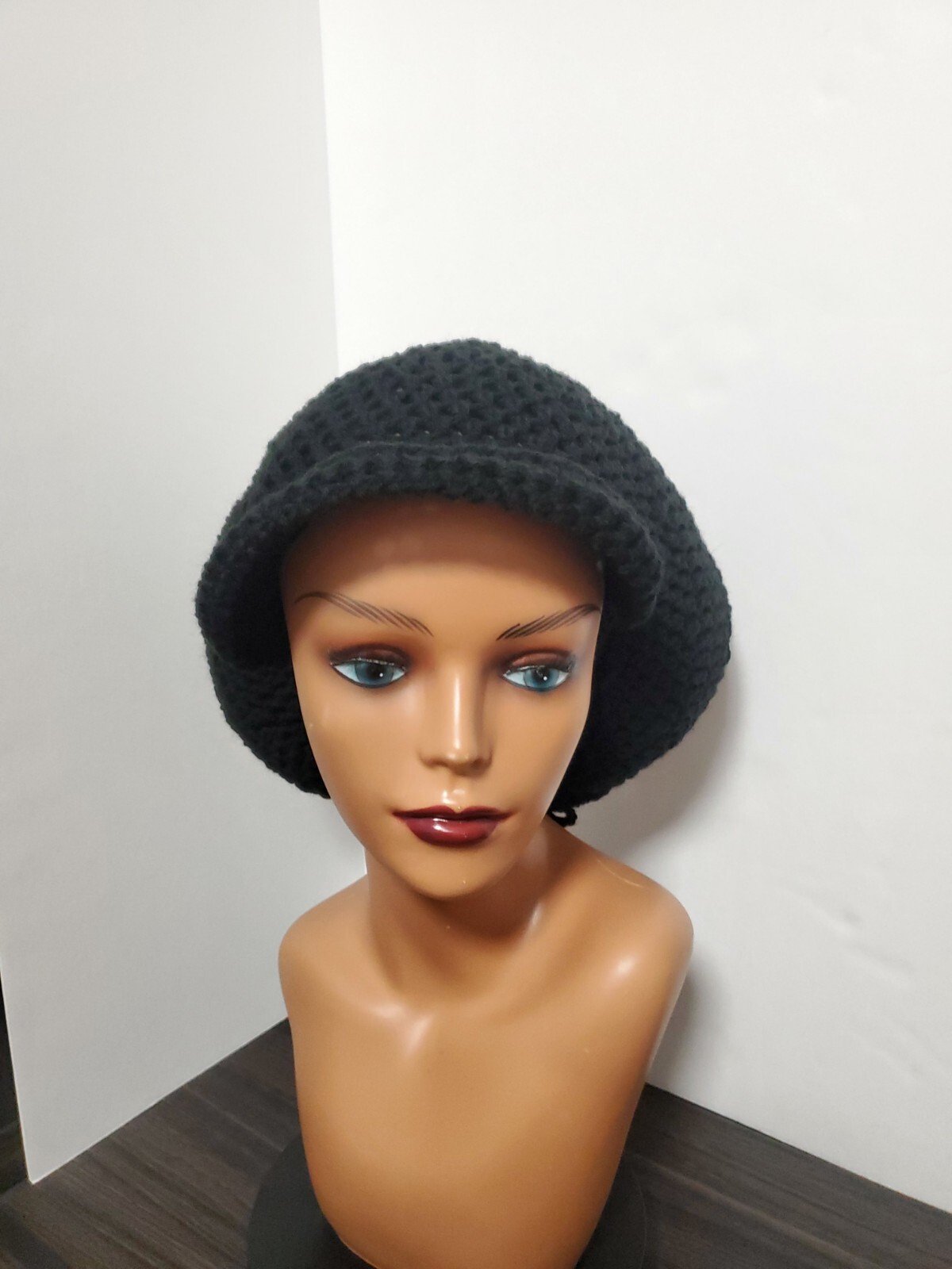 Crochet Brimmed Tam With Drawstring Handmade Black
