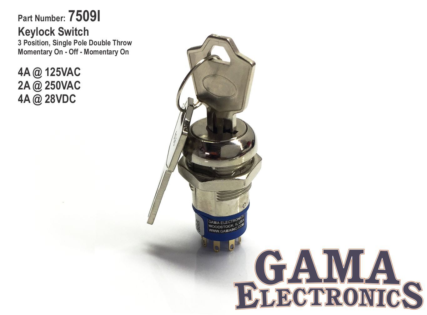 3 Position Momentary On-Off-Momentary On Keylock Switch - 7509I