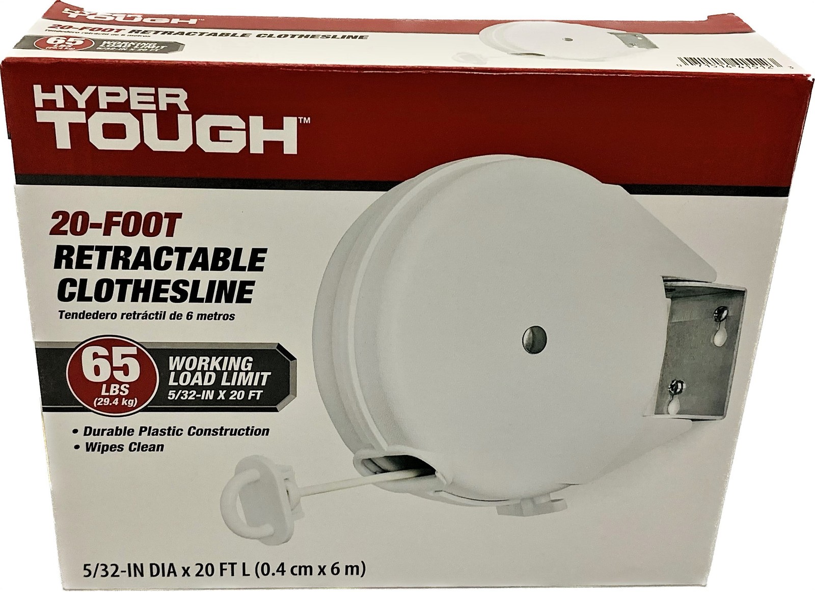 Hyper Tough Retractable Clothesline, 20 Ft, White, Indoor/Outdoor Mountable