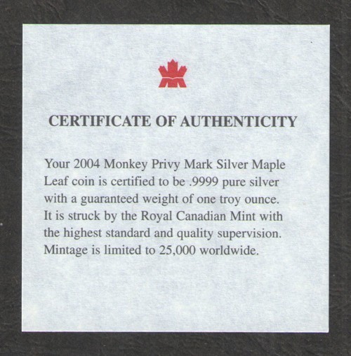 2004 Silver Maple Leaf Monkey Privy With COA - Only 25,000 Worldwide - 1oz.💥💥