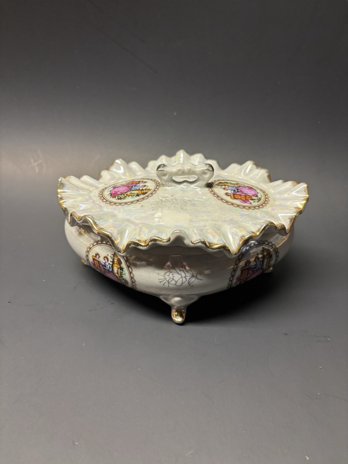 Porcelain Footed Iridescent Gold Trimmed Oval Trinket Box