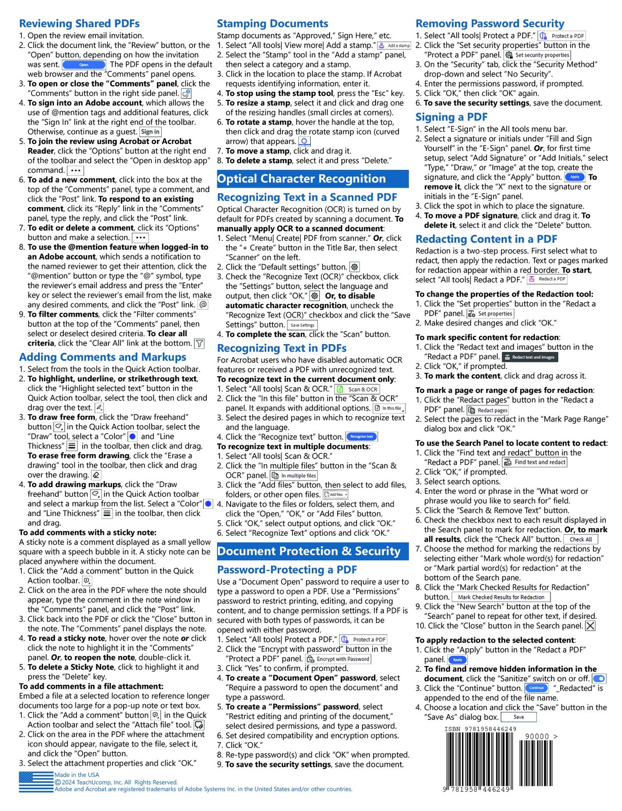 TeachUcomp for Adobe Acrobat DC Training Guide Quick Reference Card Cheat Sheet