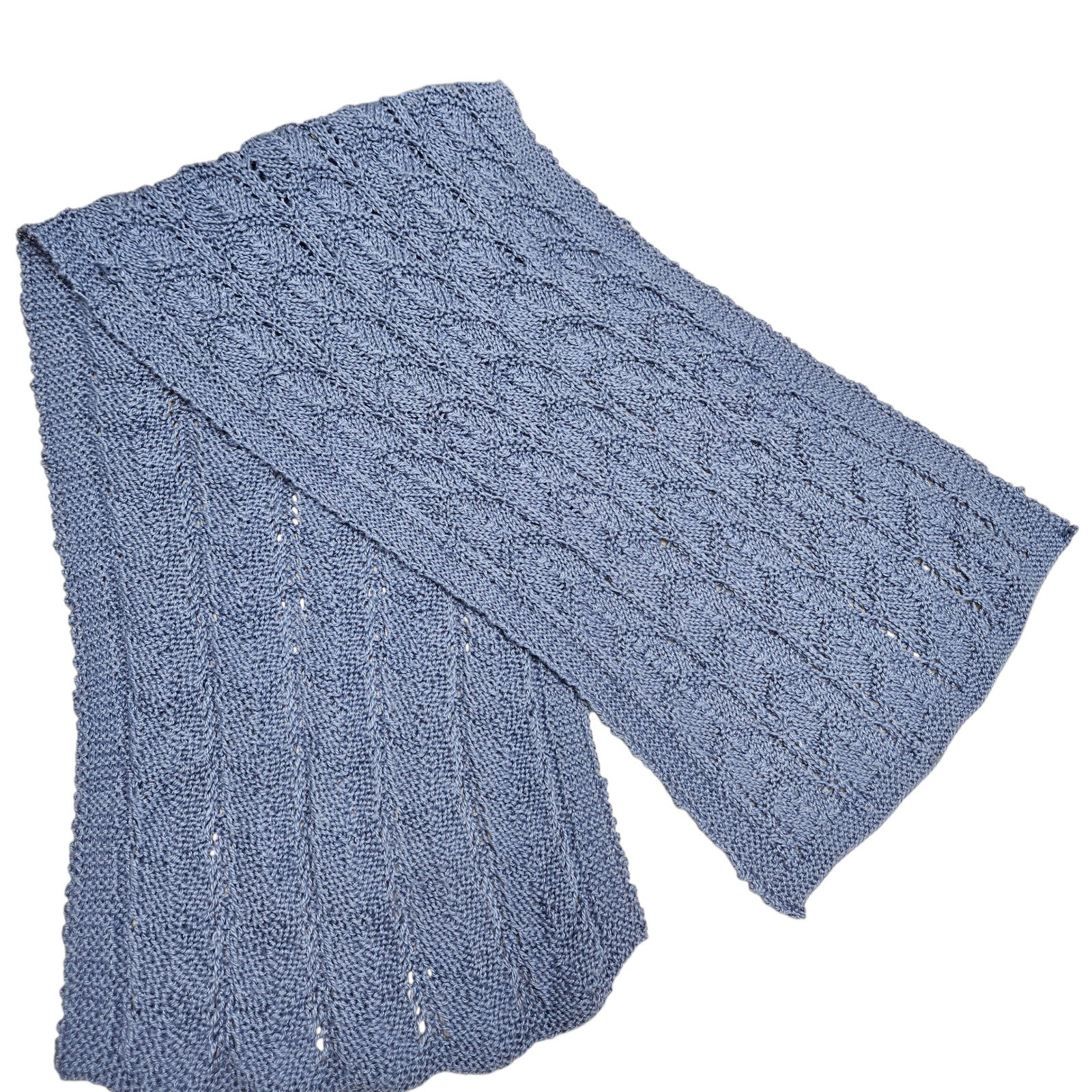 Handmade Wool Blue Open Knit Scarf Diamond Lace Soft Elegant Lightweight Minimal