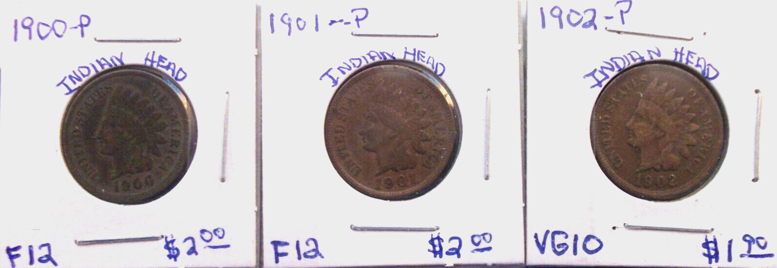 1900 / 1901 / 1902 PHILADELPHIA INDIAN HEAD CENTS IN MIXED CONDITION