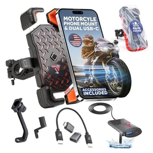 Motorcycle Phone Mount with USB Charger (3.25–7") – Waterproof Cell Orange