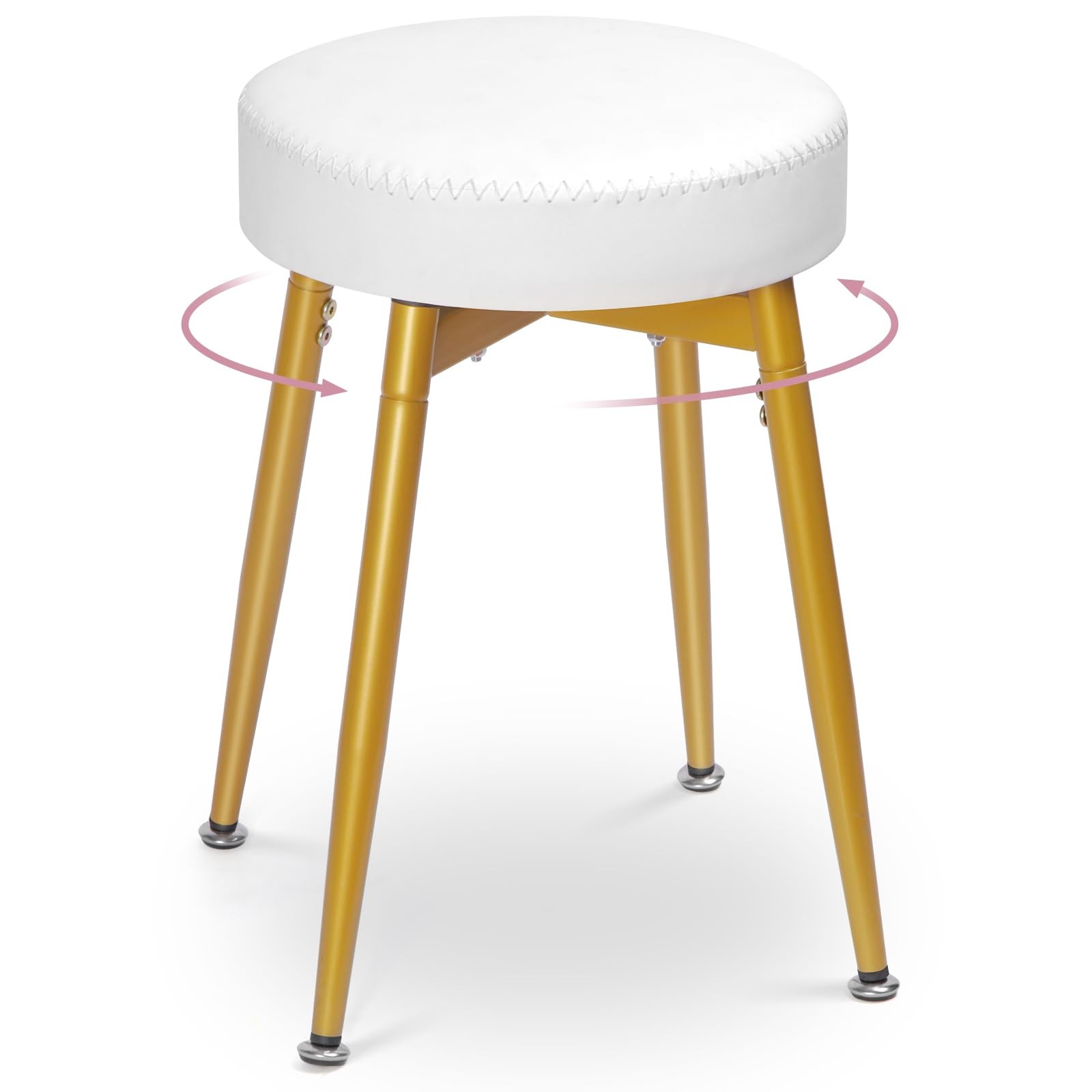 White Gold 360 Swivel Vanity Stool Round Faux Leather Ottoman Metal Legs