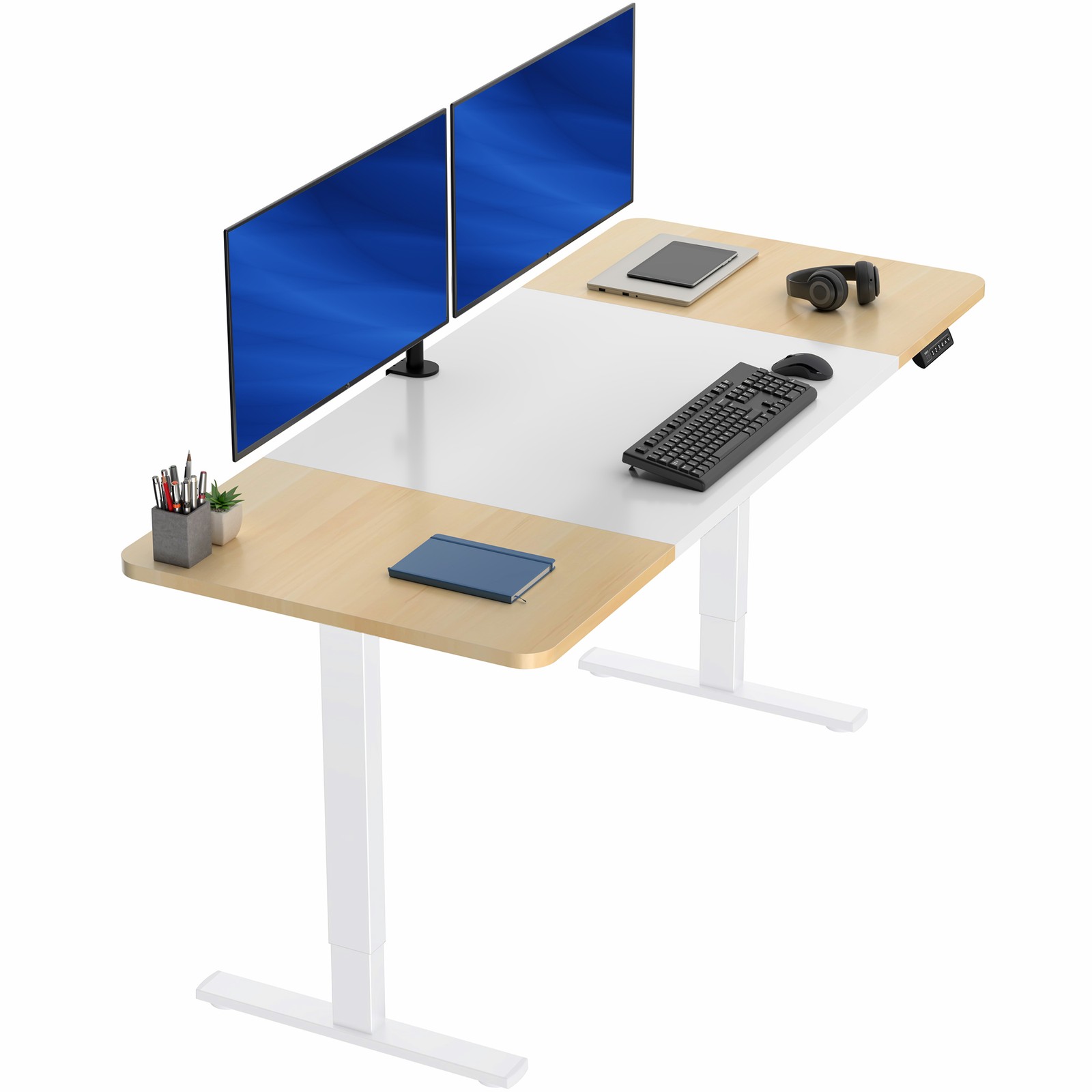 VIVO Electric 71” x 30” Stand Up Desk, White & Light Wood Table Top, White Frame