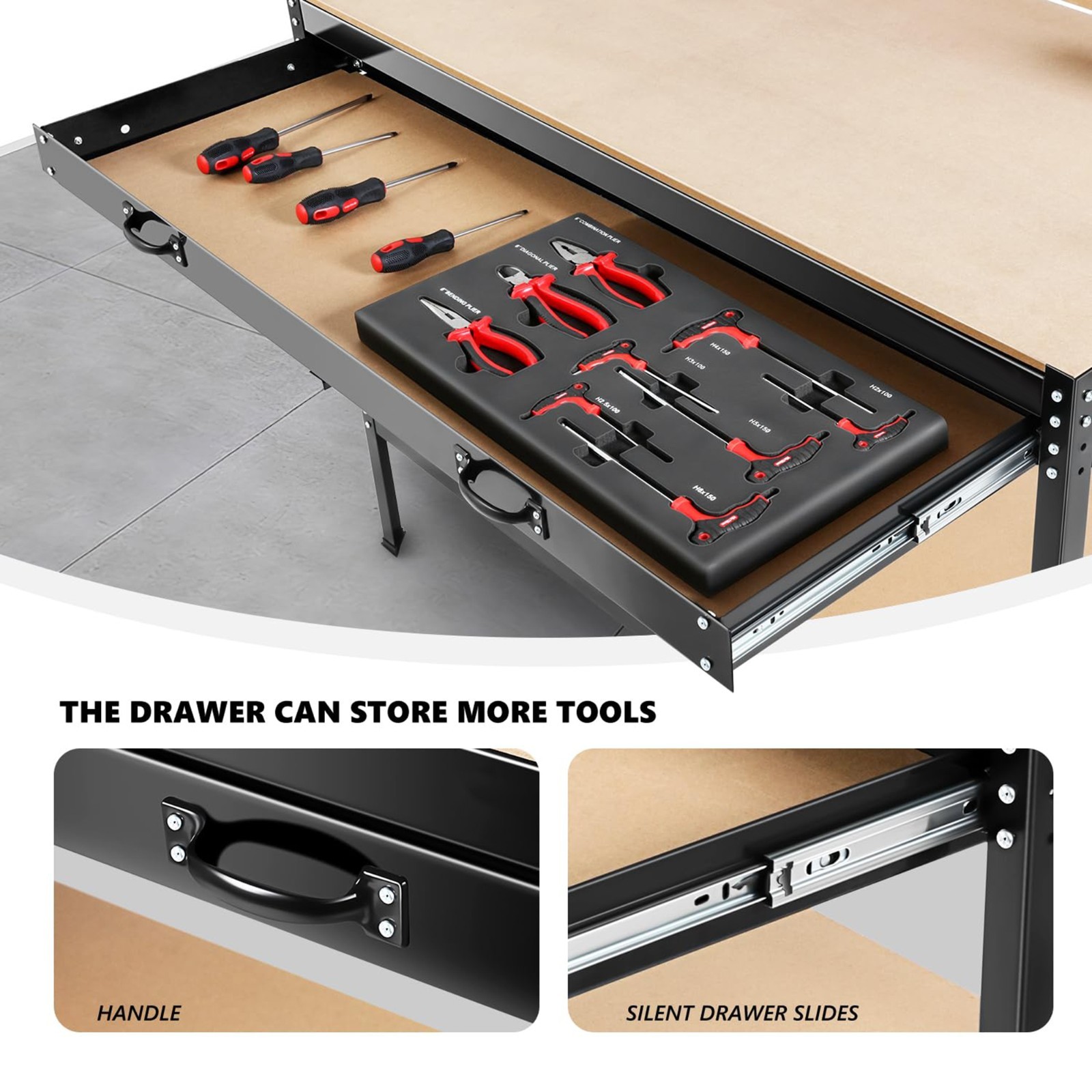 63" Tools Cabinet Working Tables Workbench with Drawers and Pegboard