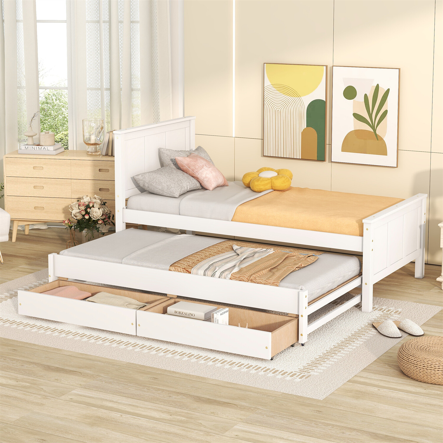 Twin Size Daybed w/ Trundle & 2 Storage Drawer w/ Wooden Slat Support White
