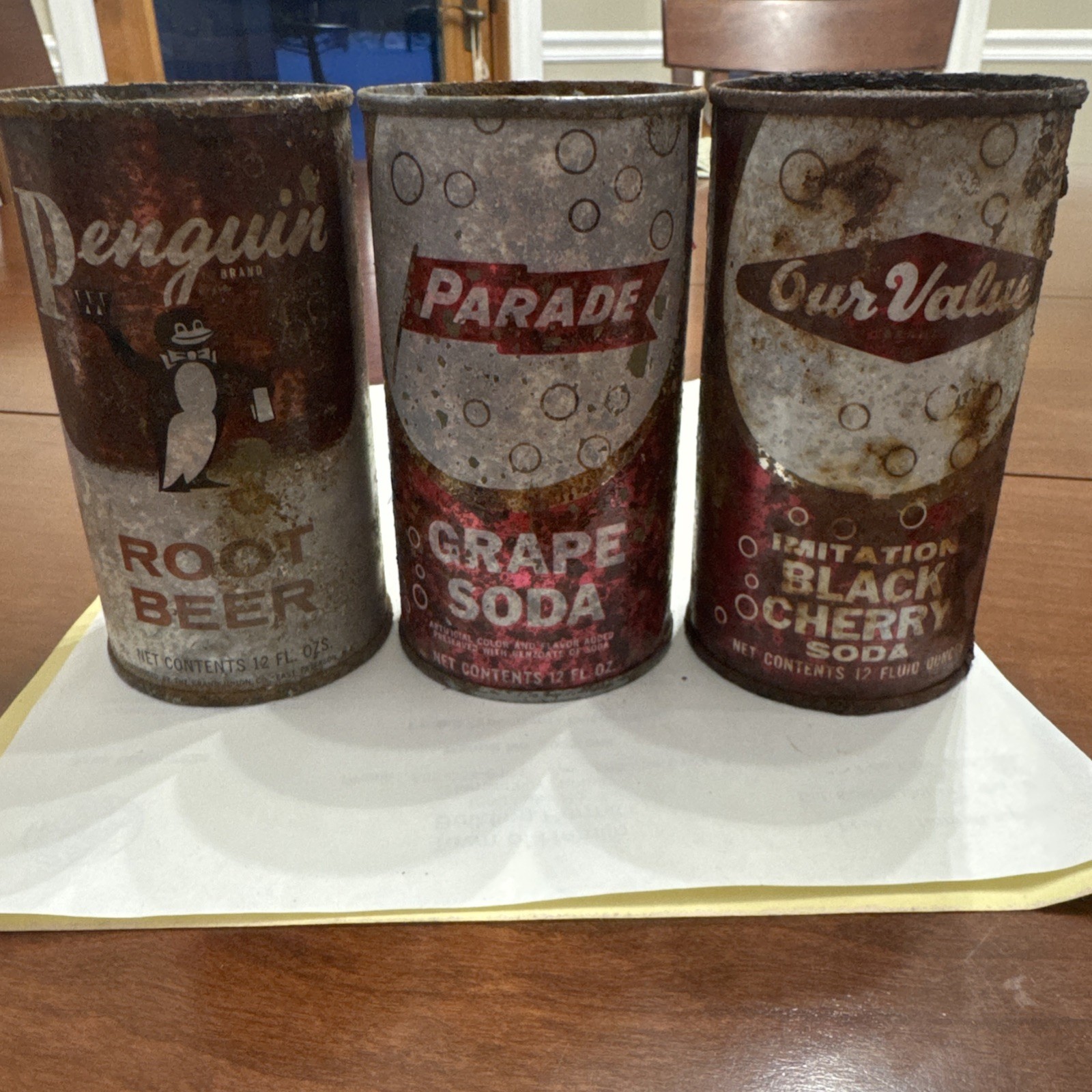 3 Vintage Flat Top Soda Cans Penguin/ Parade/Our Value