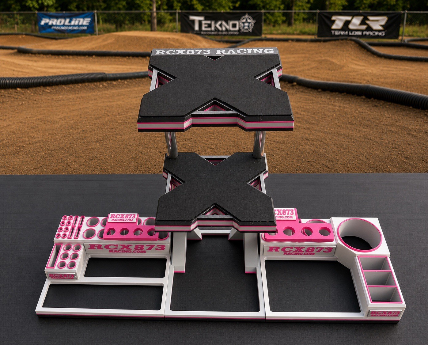 1/8 RC Pit Stand and Workstation tool organizer set. Silver/Pink/Black