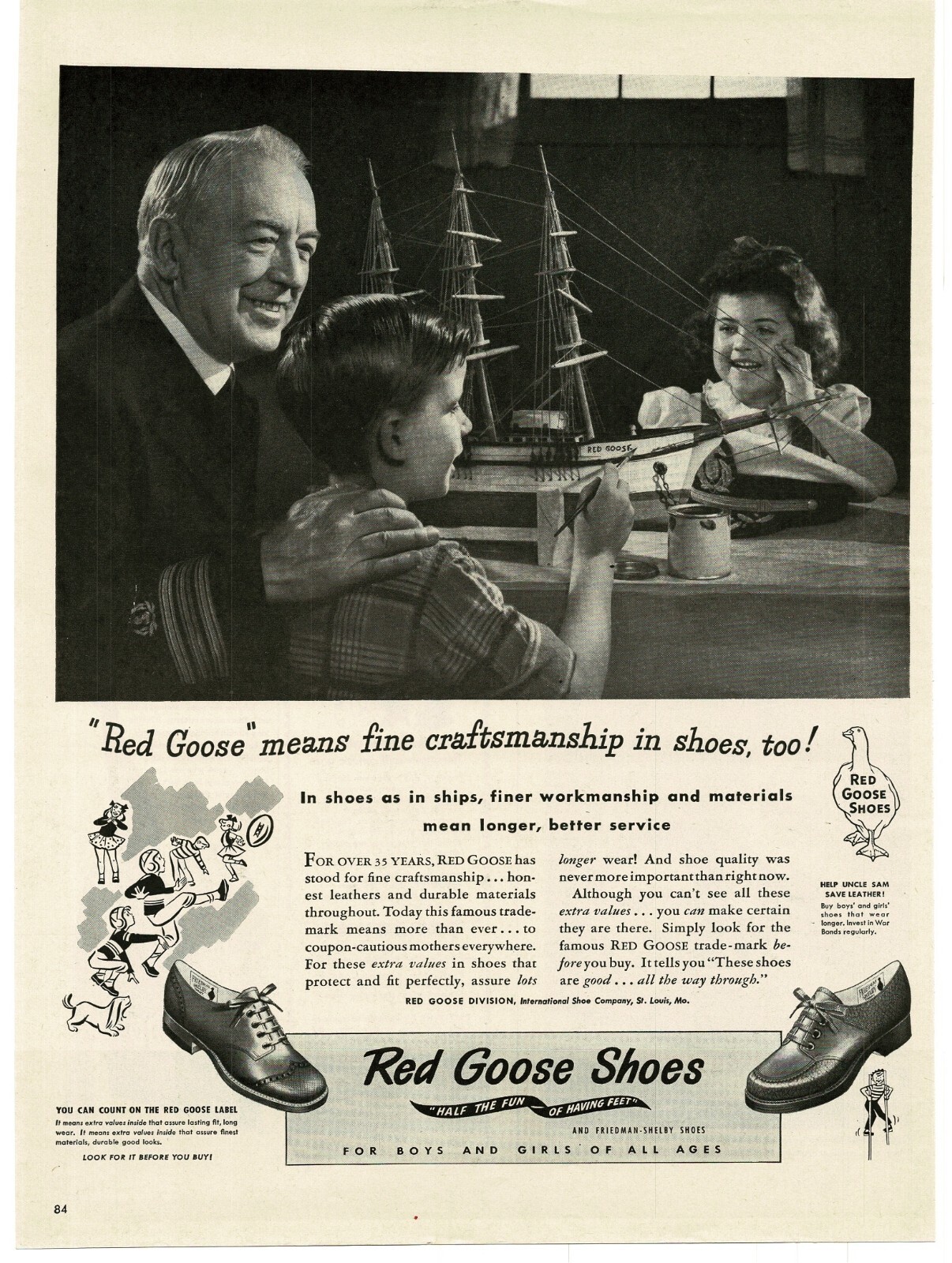 1944 Red Goose Shoes for children Grandpa Grandson build model boat Vintage Ad