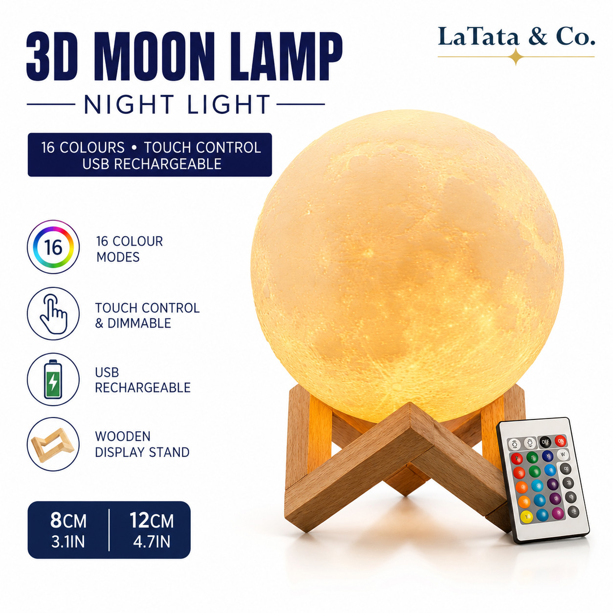 3D Moon Lamp Night Light 16 Colour Touch USB Rechargeable LED Gift 8cm - 12cm