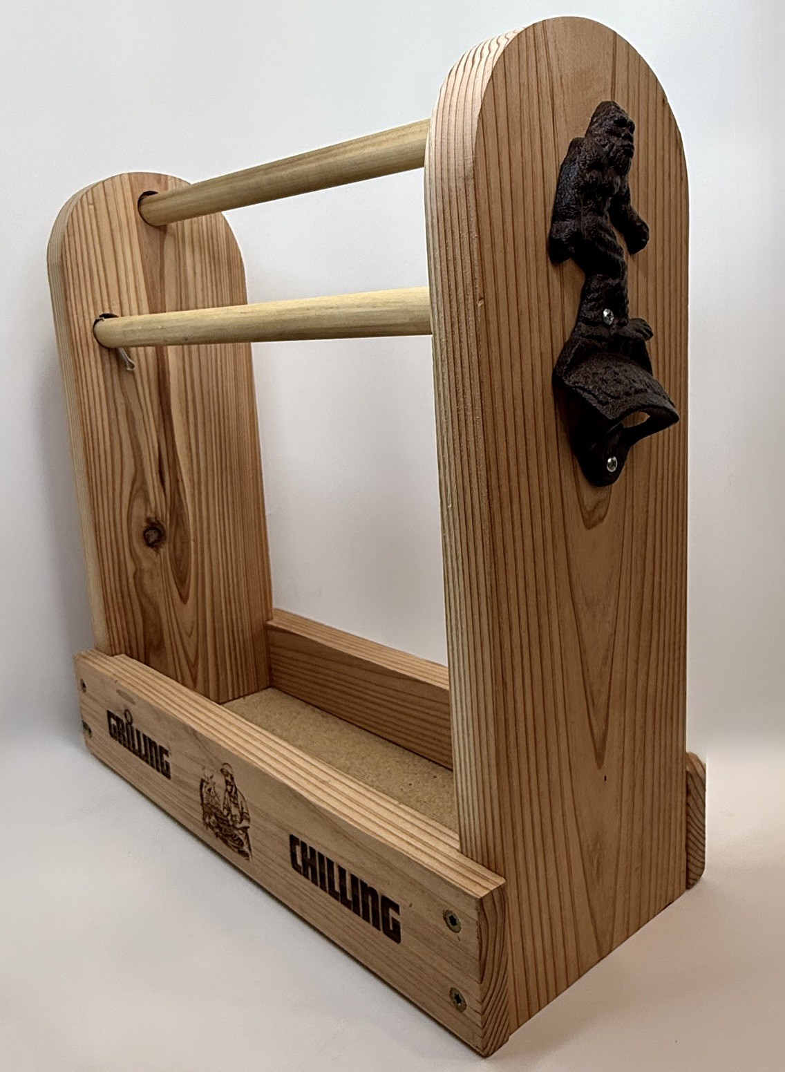 Handcrafted Natural Wood BBQ & Beer Caddy Cast Iron “Bigfoot” Bottle Opener