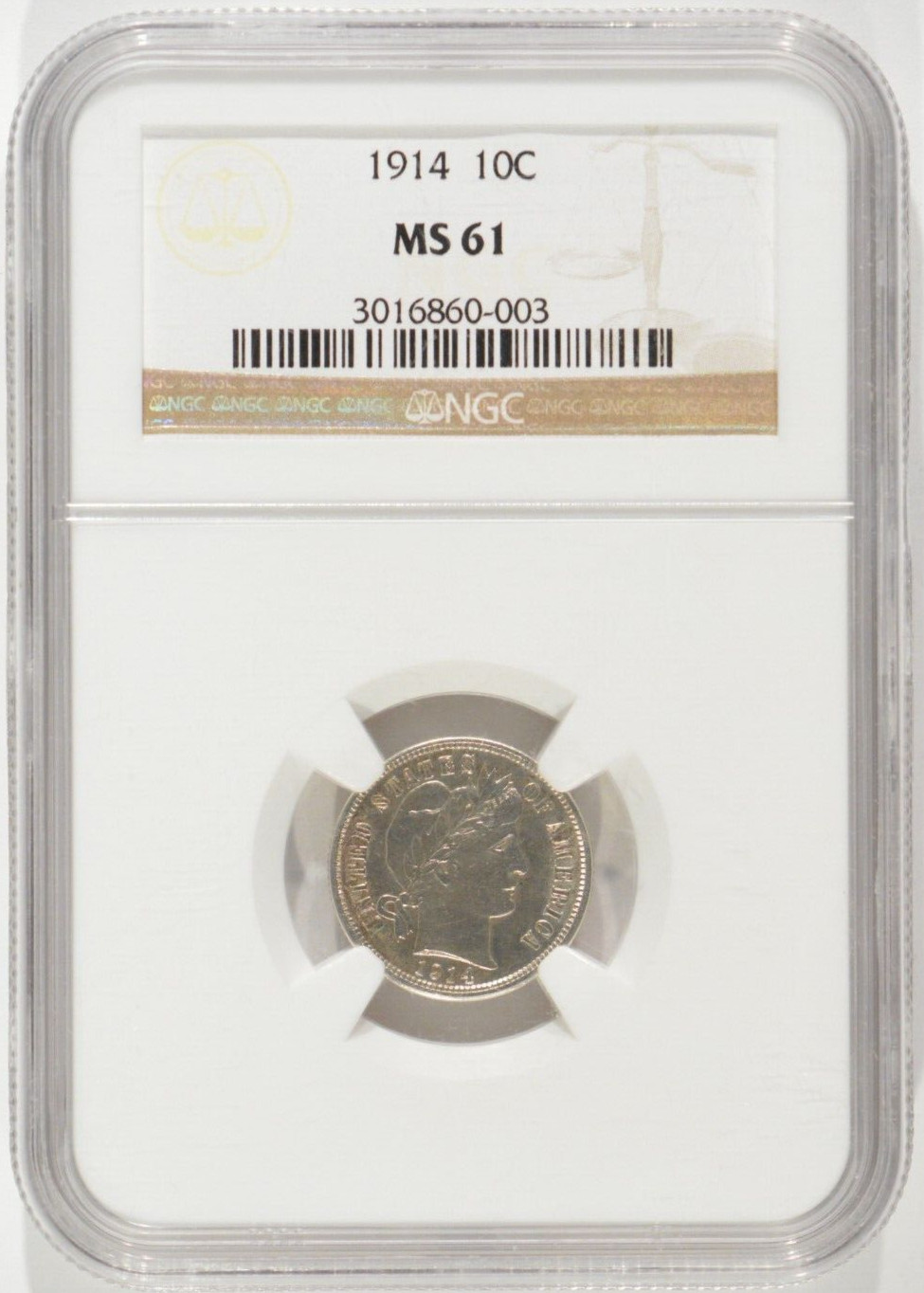 1914 Barber Silver Dime 10c NGC MS61 3016860-003