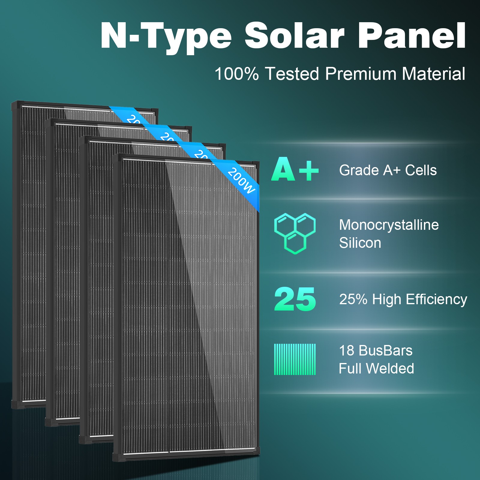 200W Solar Panel N-Type 18V Mono 400W 800W  PV Off-Grid Battery Power Charge RV