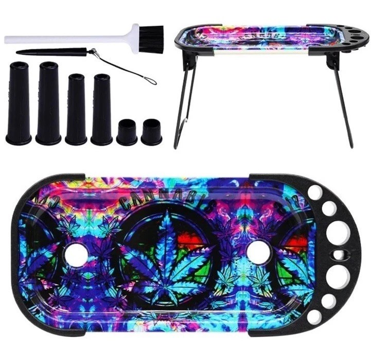 ROLLING CONSOLE CANNABIS LEAVES TRAY SET  4.5 x 9" 2 Sizes BN
