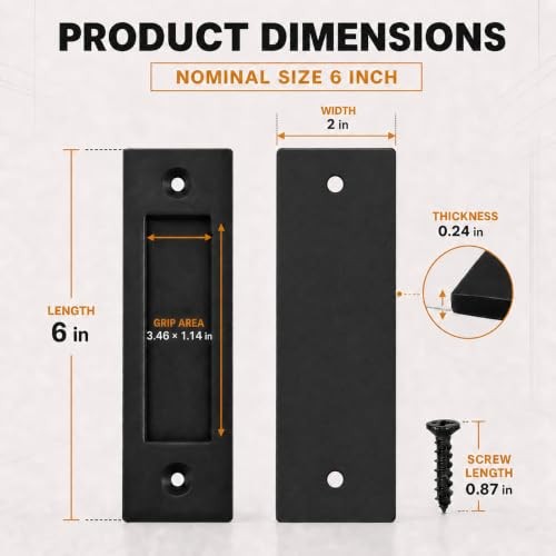 6" Sliding Barn Door Handle, Flush Pocket Door Pull, Matte Black Pack | A 1
