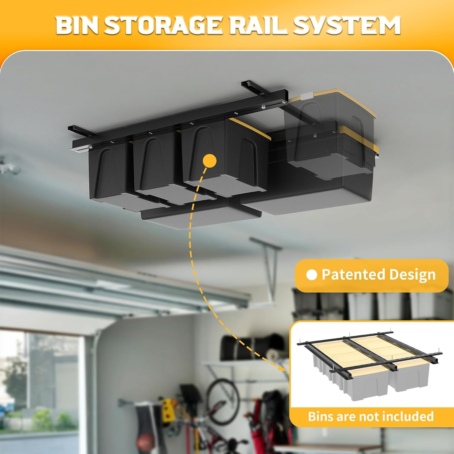 Overhead Tote Storage Rail System, Garage Ceiling Bin Storage Rack Heavy Duty Ad
