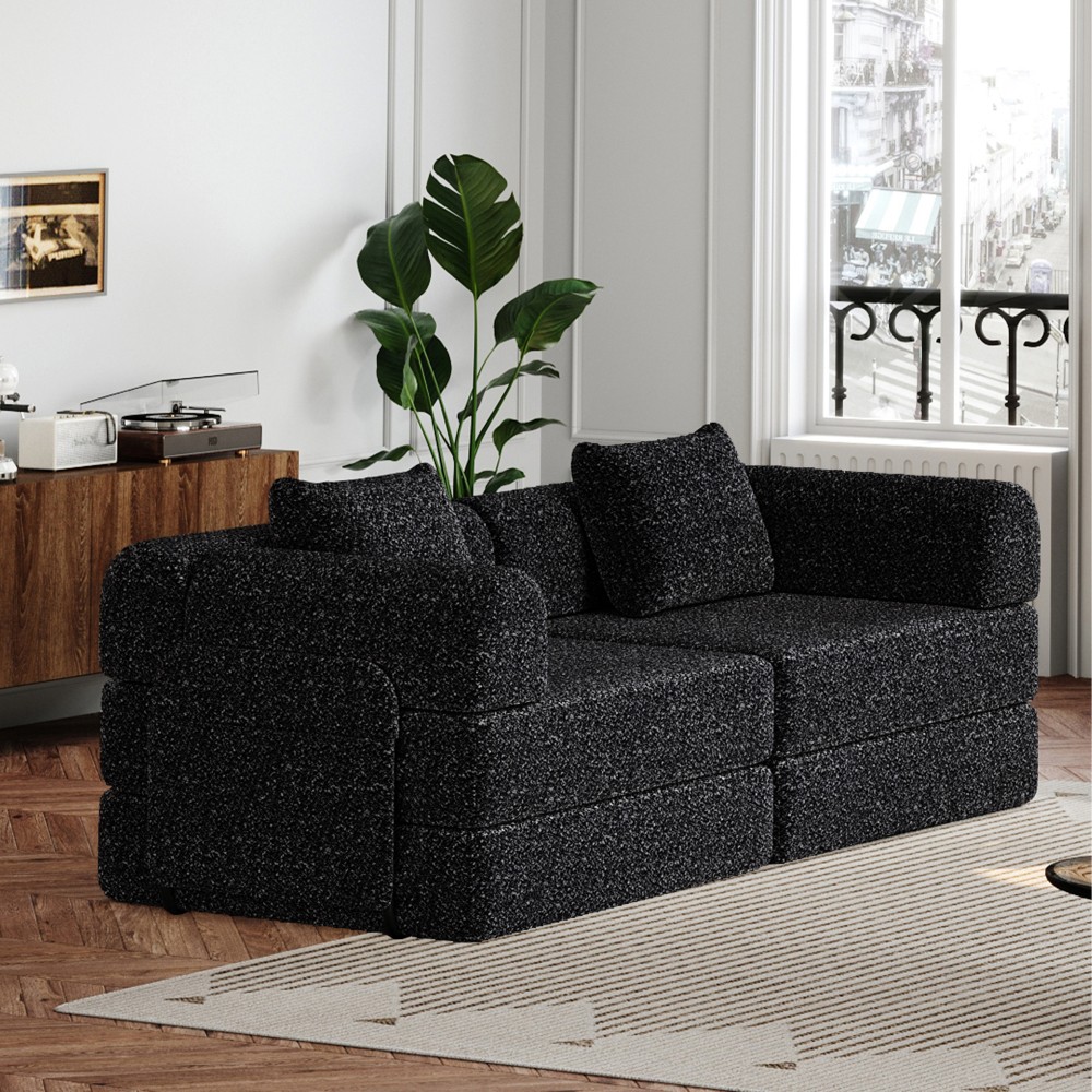 72.4" Convertible Sofa Bed w/ Storage Pockets, Black Chenille Fabric