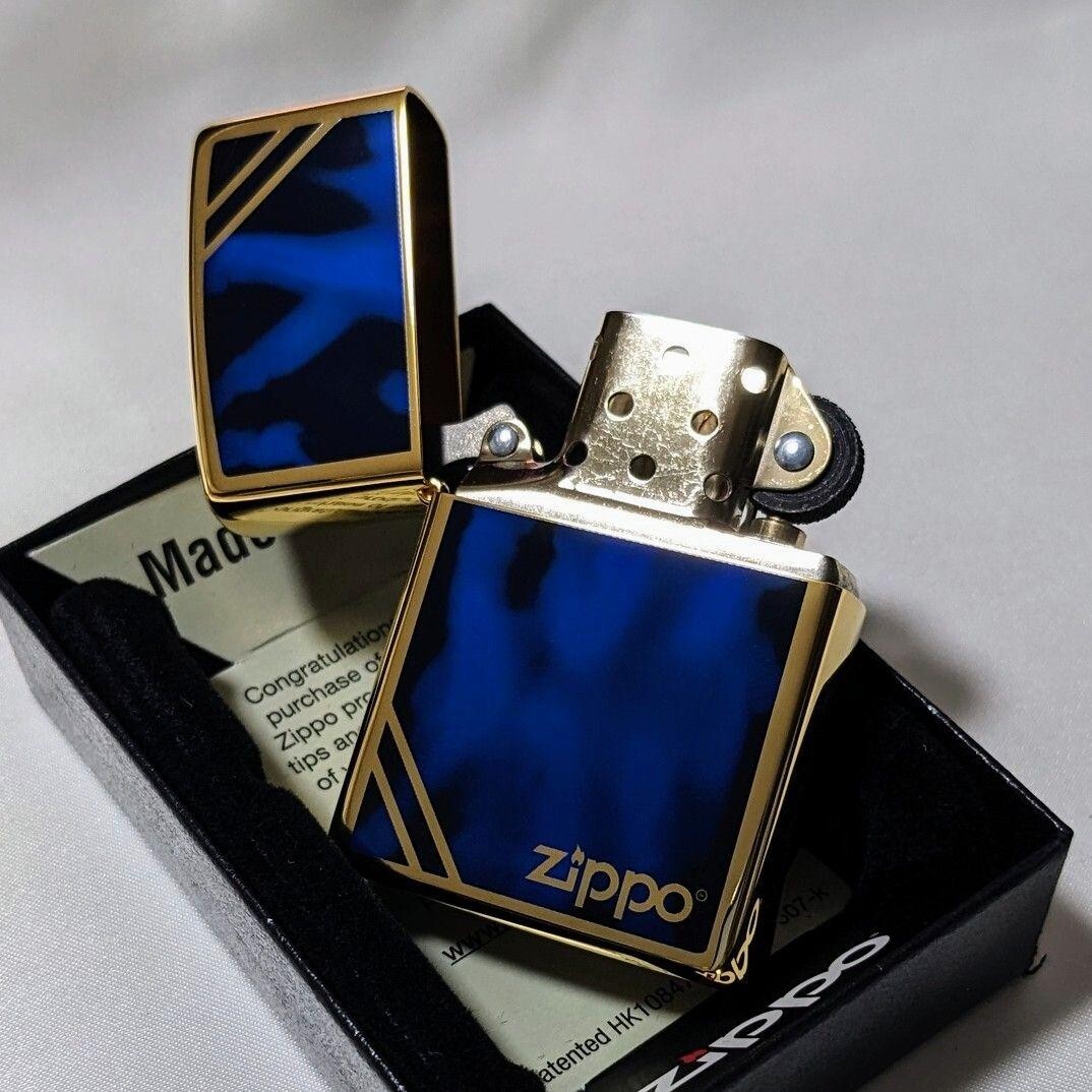 Zippo Oil Lighter Marble Gold Blue Logo Regular Case Japan