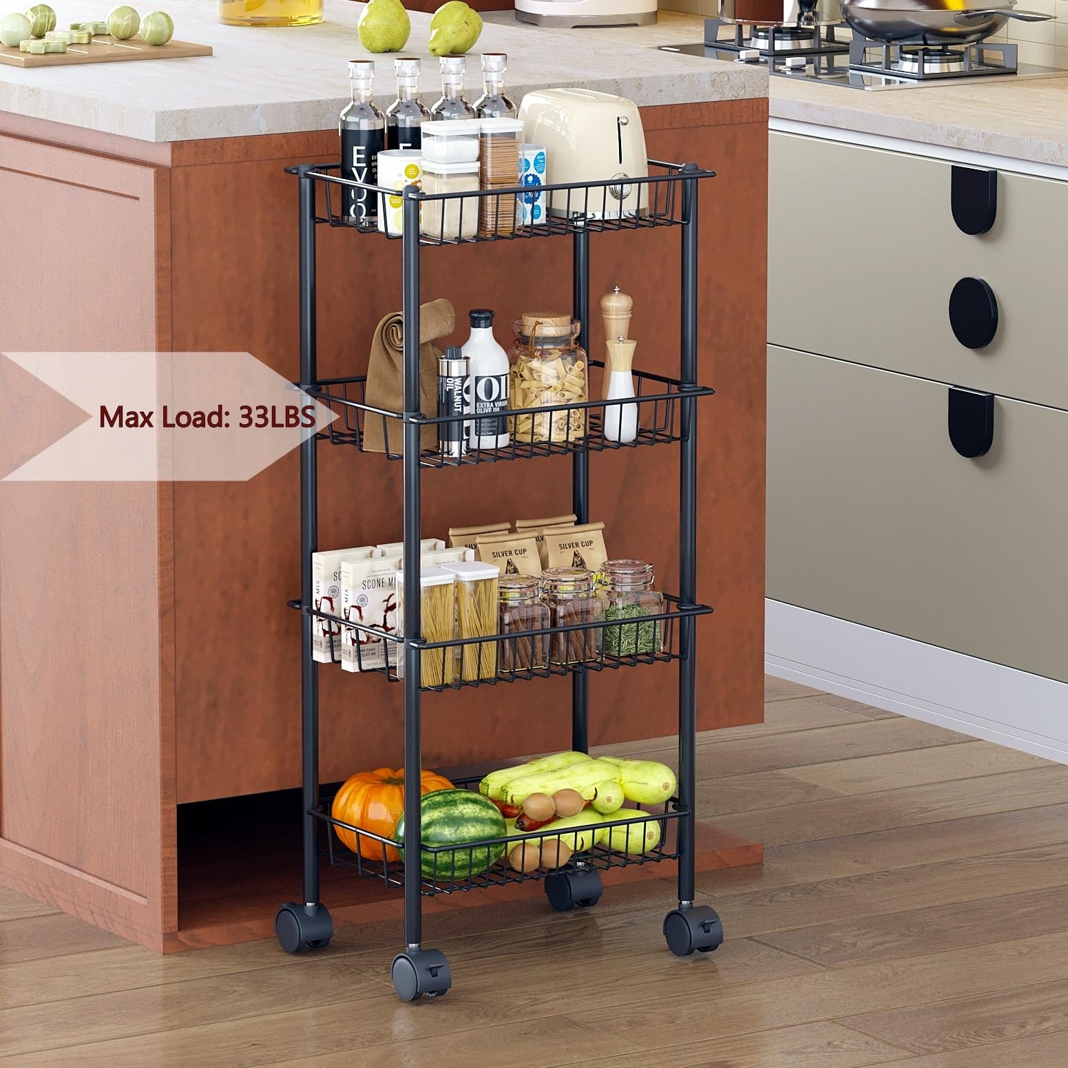 4Tier Metal Rolling Utility Cart Removable Baskets Storage Wheels Black