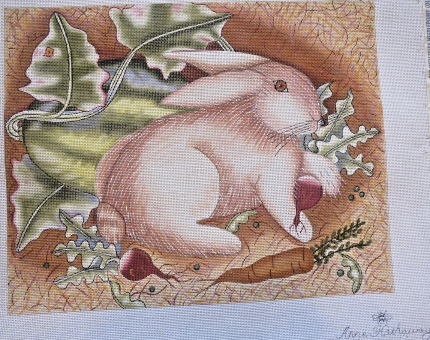 Original ~ Anne Hathaway ~Needlepoint Canvas~ of a Bunny/Rabbit with Vegetables