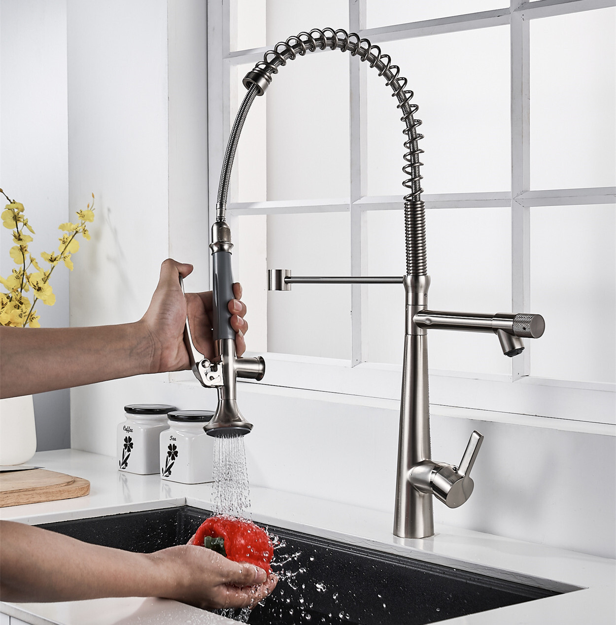 Brass Commercial Brushed Nickel Single Handle Spring Kitchen Faucet Pull Down
