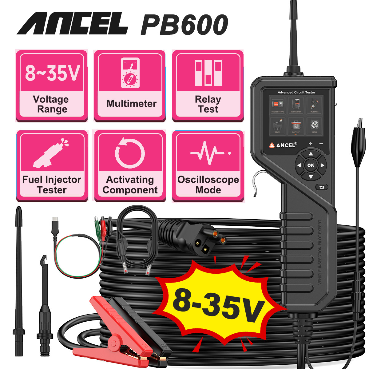 Ancel 12-24V Power Circuit Probe Fuel Injector Tester Activating Component PB600