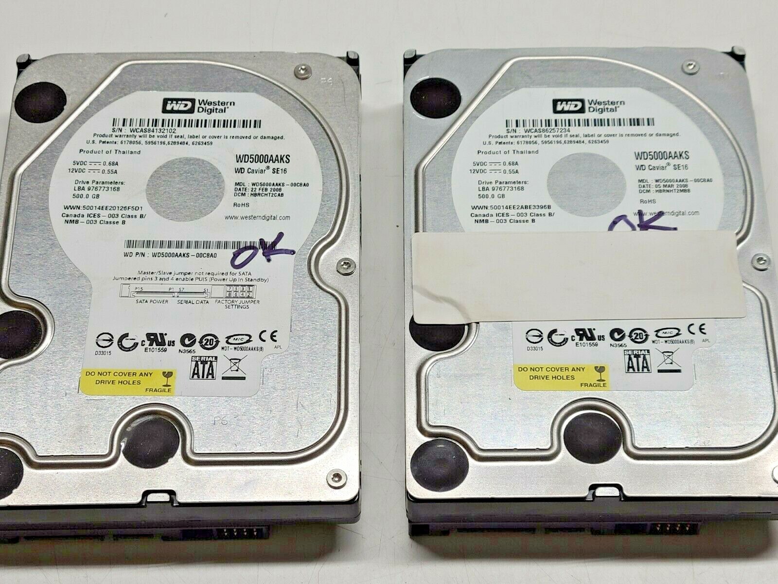 Western Digital WD500AAKS 500GB HDD x2:1TB 7200RPM Hard Drive SATA Lot Of 2