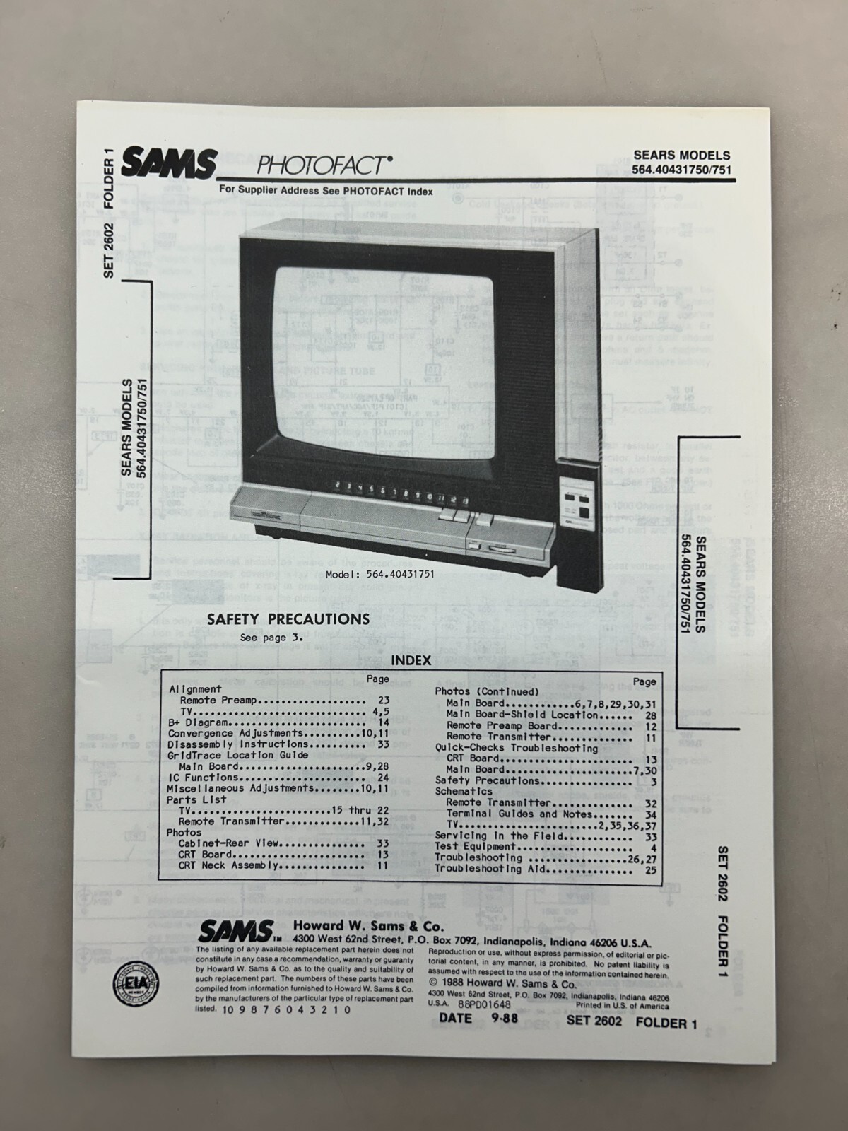 Sears 564.40431750 Service Manual Sams Photofact Free Shipping