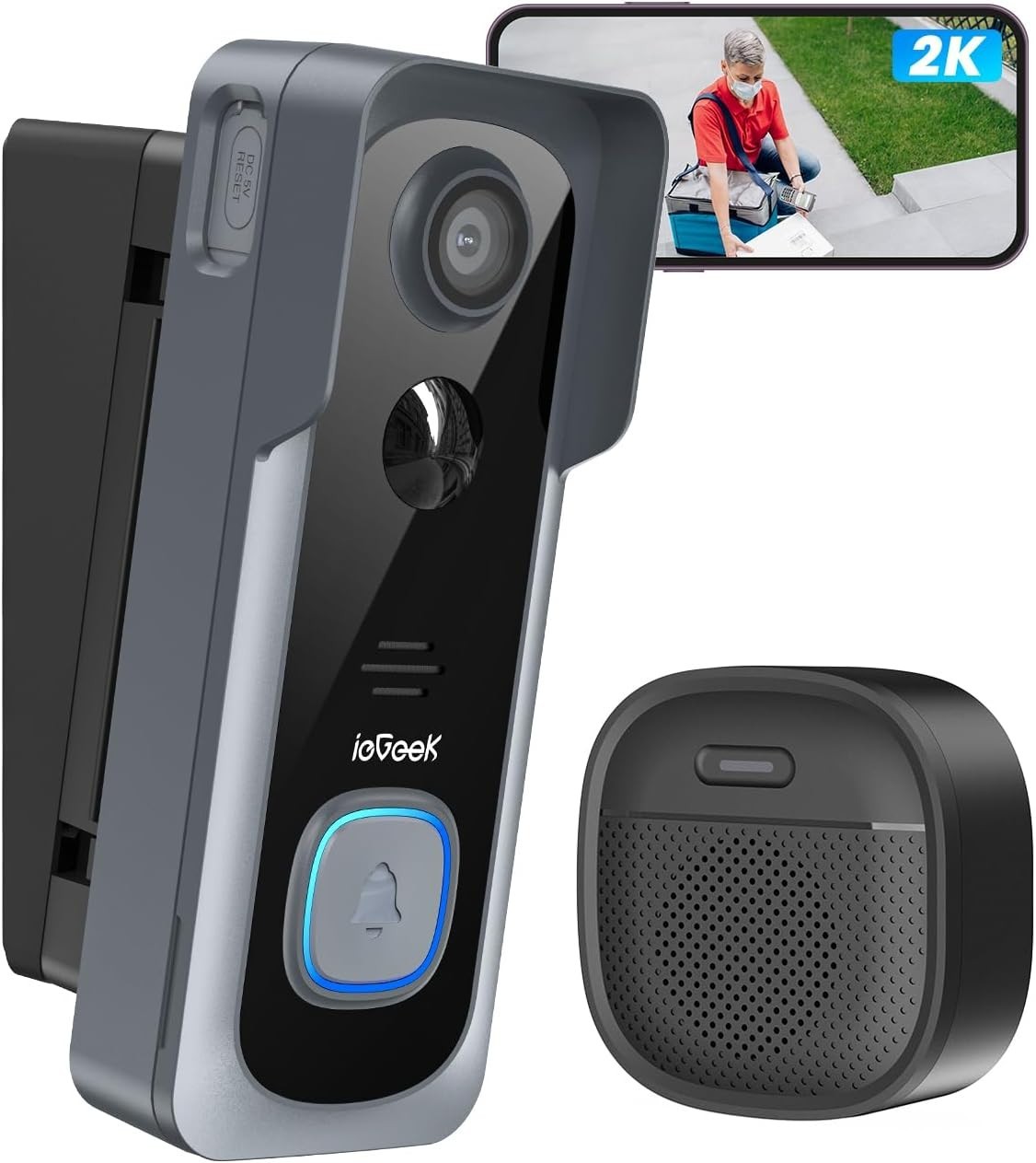 ieGeek 2K Doorbell Camera Wireless No Subscription with Adjustable Angle Mount