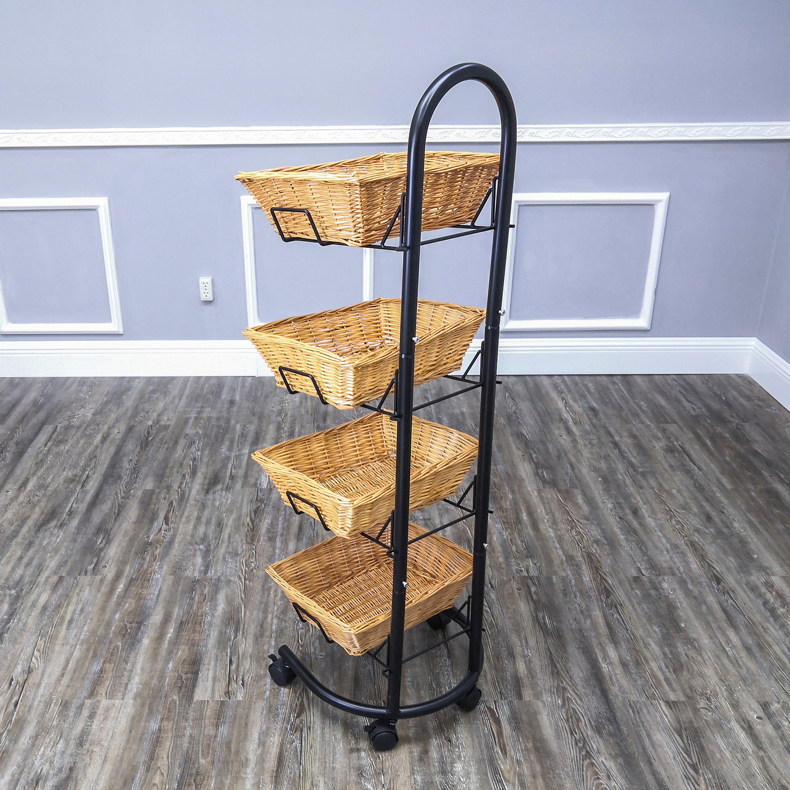 Rolling Wicker Basket Display Market Merchandiser Stand Kitchen Pantry Organizer
