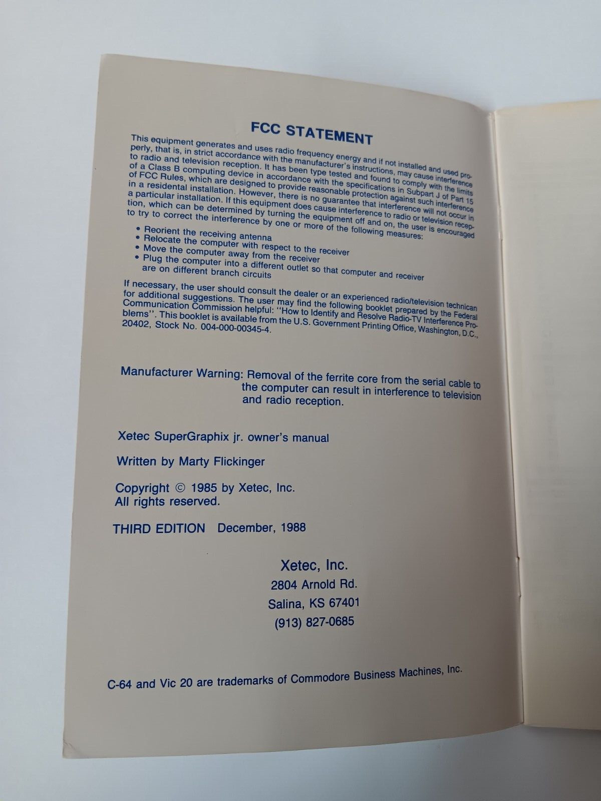 Xetec Commodore Super Graphix Jr 3rd Ed Printer Interface Instruction Manual