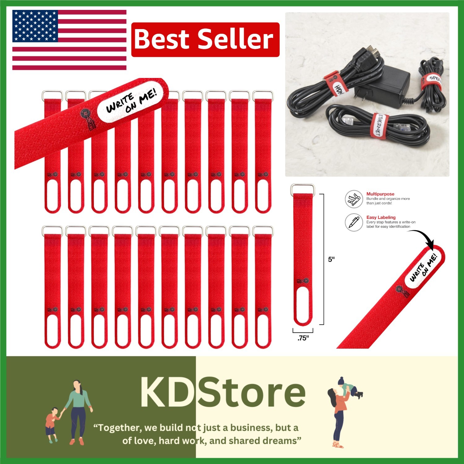 20-Pack Red Cable Cinch Straps 5in with Metal Buckle & Write-On Label, Reusable