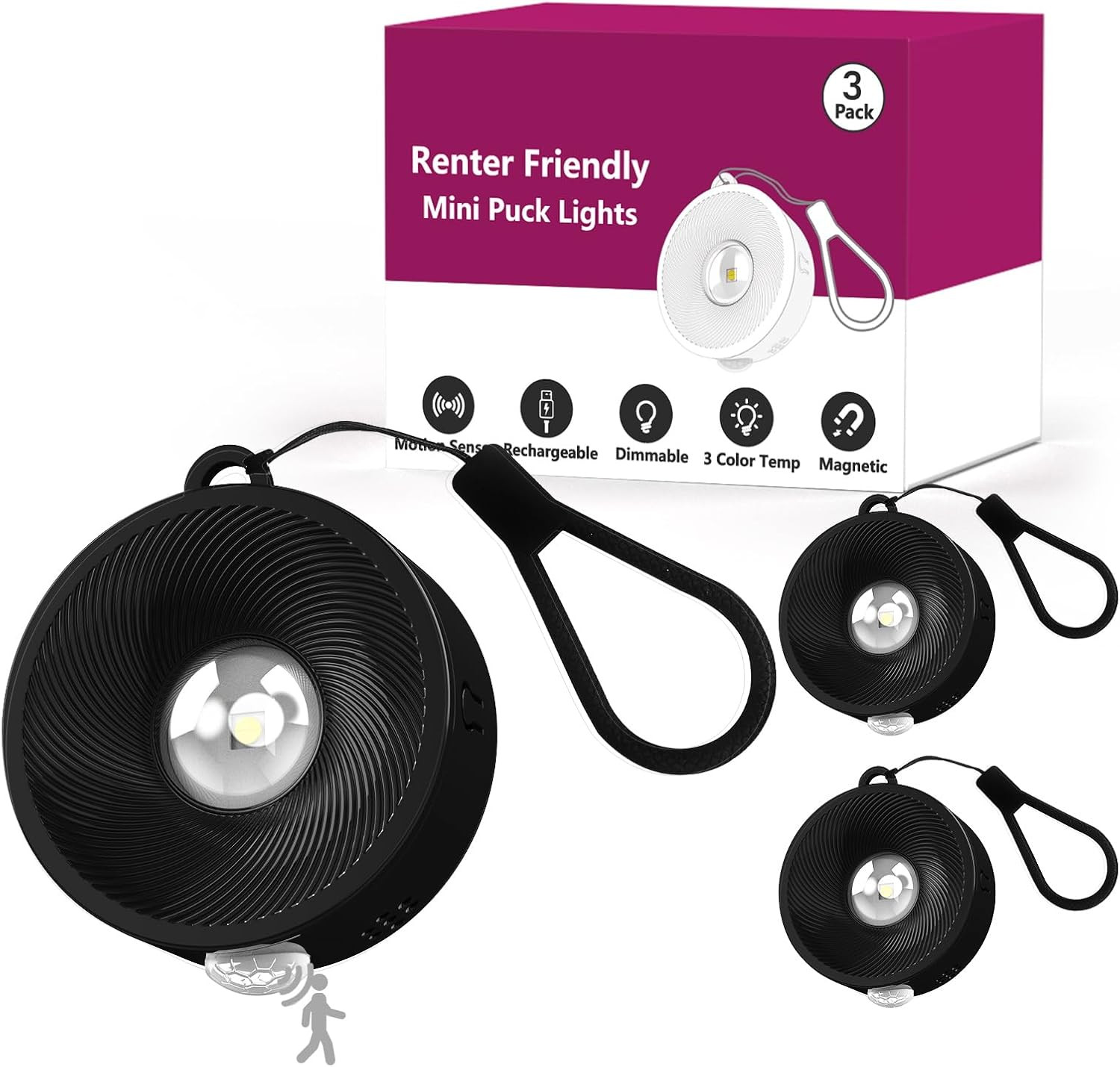 2" Rechargeable Mini Puck Lights W/Lanyard, Renter Friendly Magnetic Stick on Ba