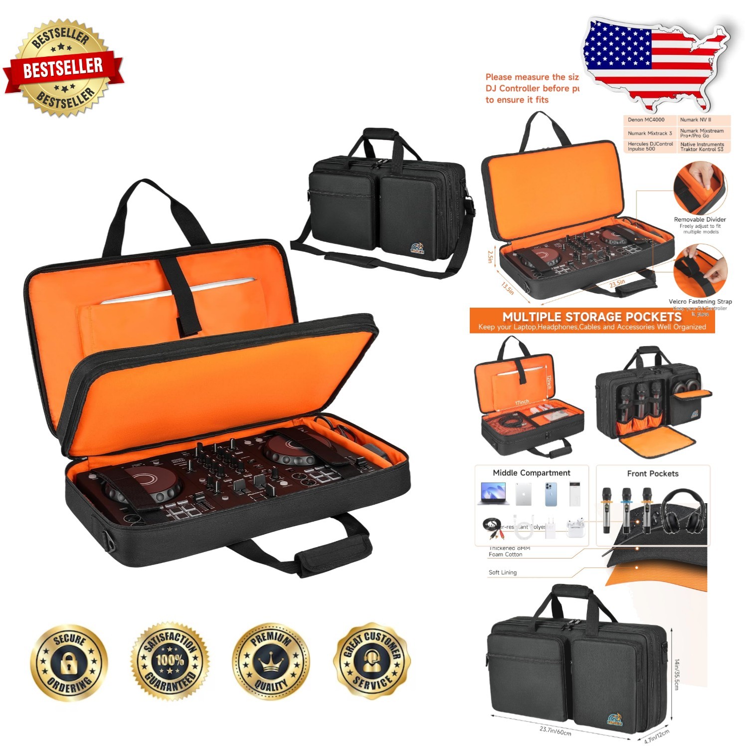 DJ Controller Bag Black Orange Polyester Protective Case M 23.5"x13.5"x2.5"