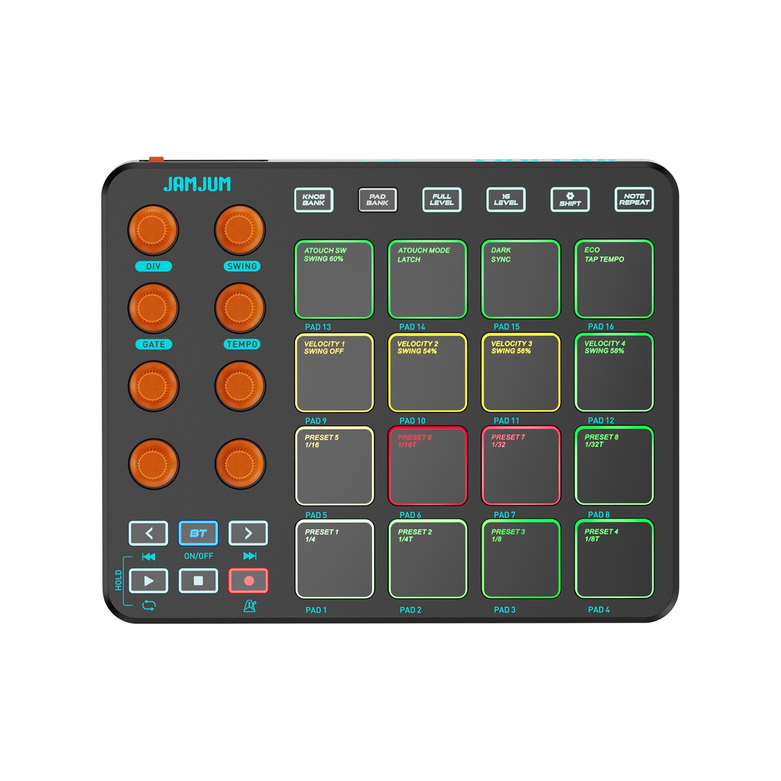 JAMJUM MIDI Controller 16RGB Pads 8Knobs 2000mAh Wireless USB for Music Creation