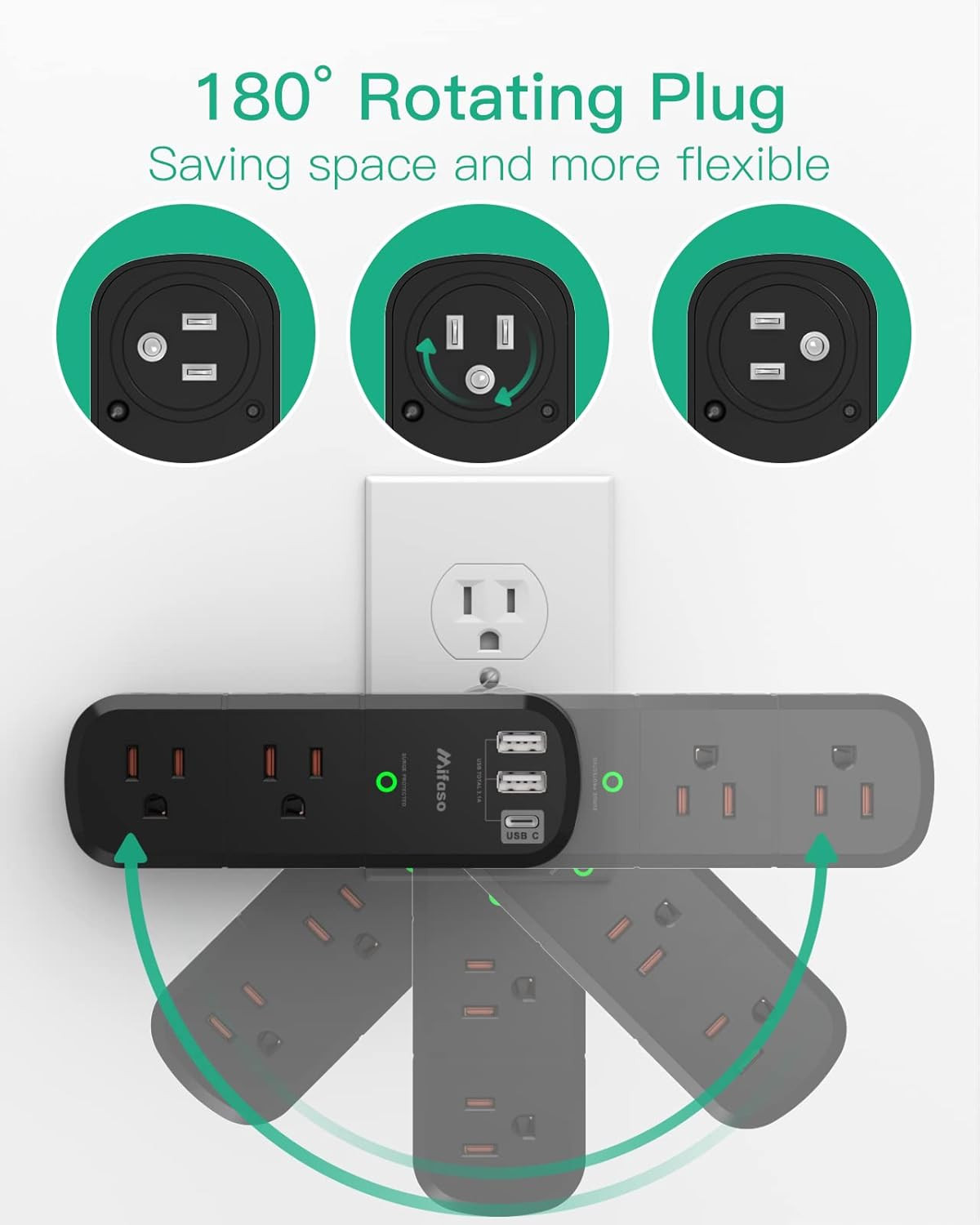 USB Outlet Extender Surge Protector - with Rotating Plug, 1800 Joules, 6 AC Mult