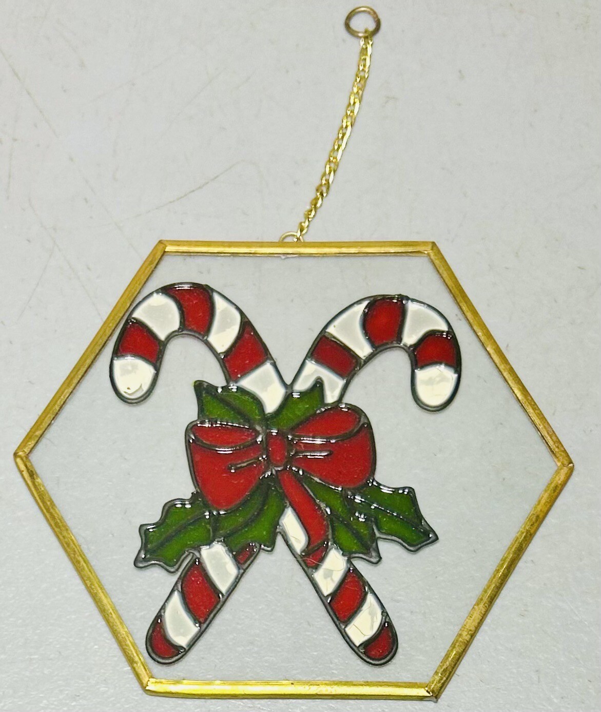 Vintage Stained Glass Window Light Sun Catcher Candy Cane Christmas Polygon 5"
