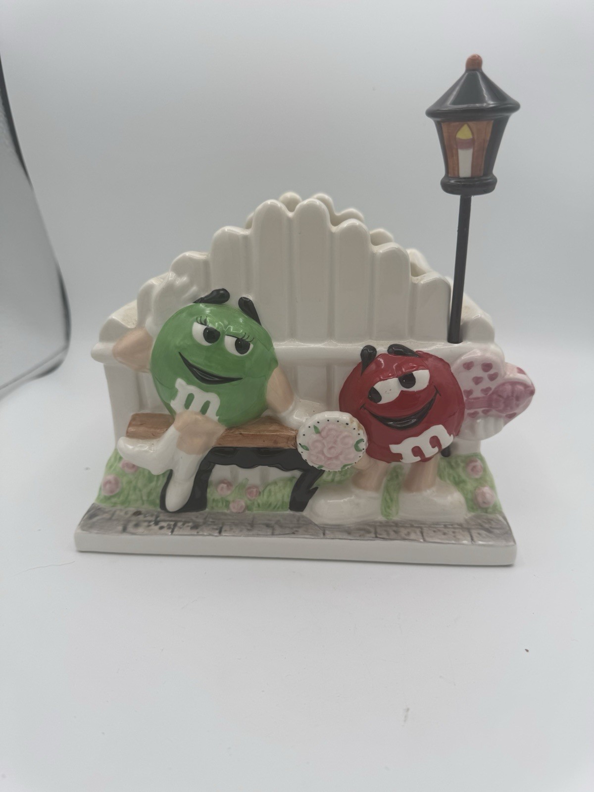 M&M’s Red Green Bench Figurine w Lamp Post FTD Ceramic Display Read Flaws