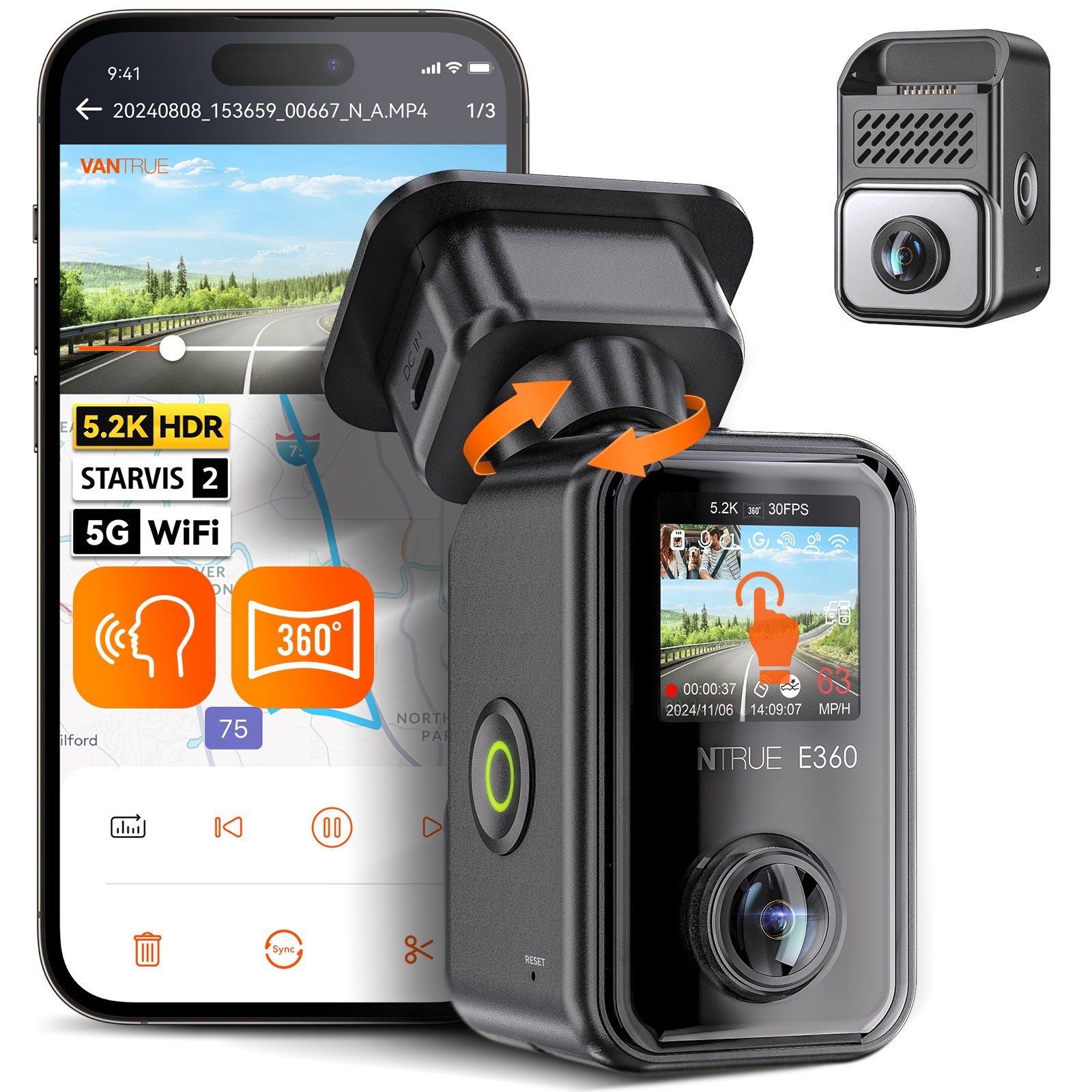 VANTRUE E360 5.2K 360° Dash Cam Panoramic Camera STARVIS 2 HDR WiFi GPS