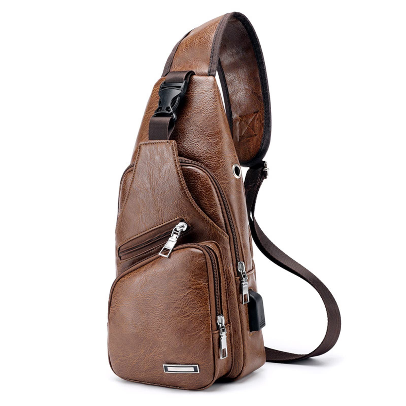 QICHUANG Men Sling Bag Leather Unbalance Chest Shoulder Bags Casual Crossbody...